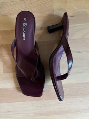 No Boundaries Burgundy Square-Toe Heeled Thong Mules